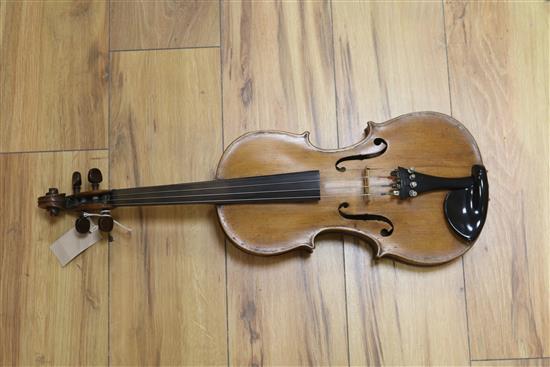 A violin with two piece back, bearing a label for Vasciscus Gobetti Fecit, overall 23.5in., cased